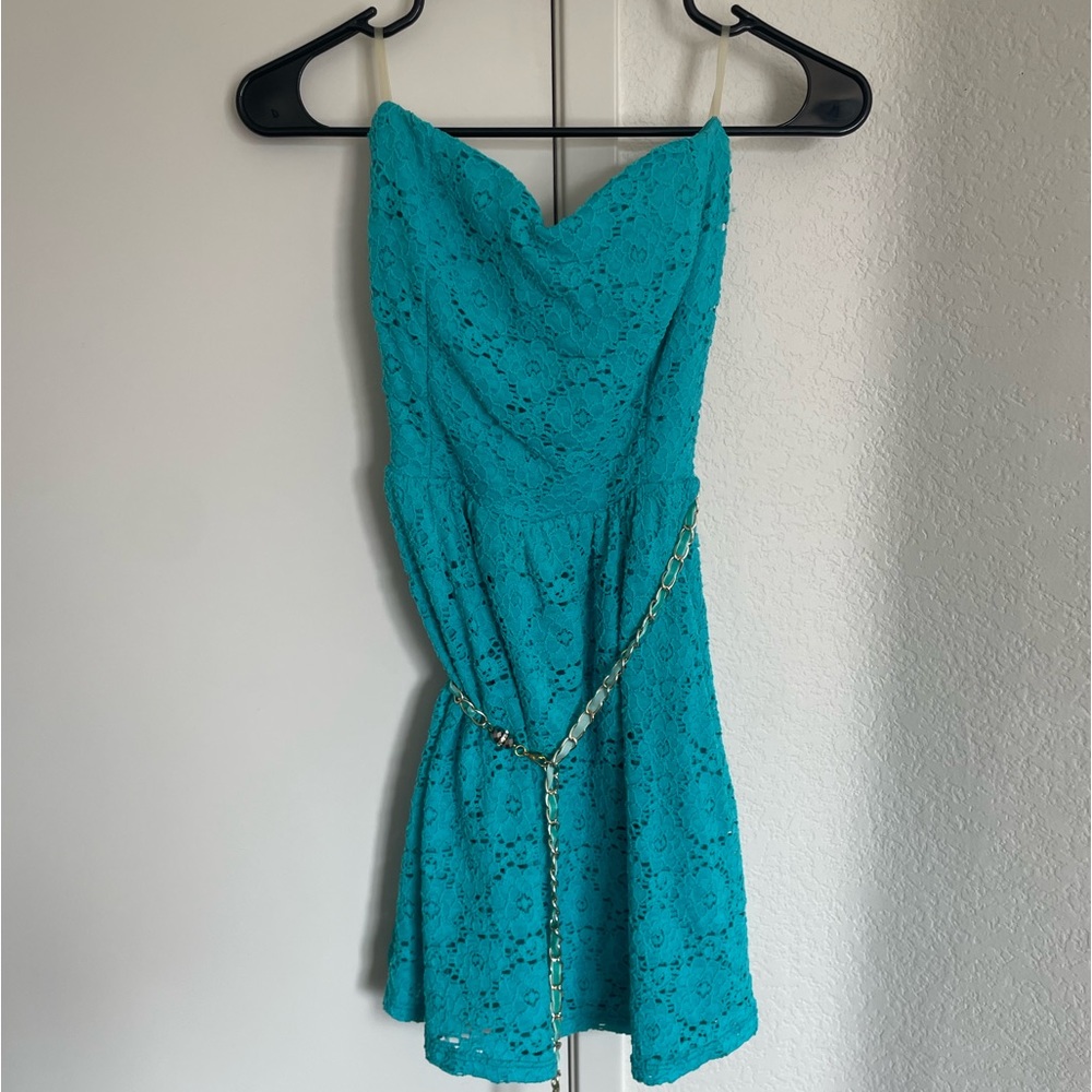 Strapless teal jacaranda eyelet mini dress with tie